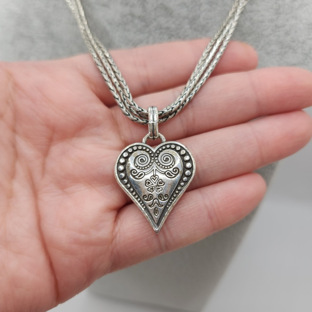 Brighton French Quarter Heart Silver Plate Pendant Foxtail Multi Chain Necklace